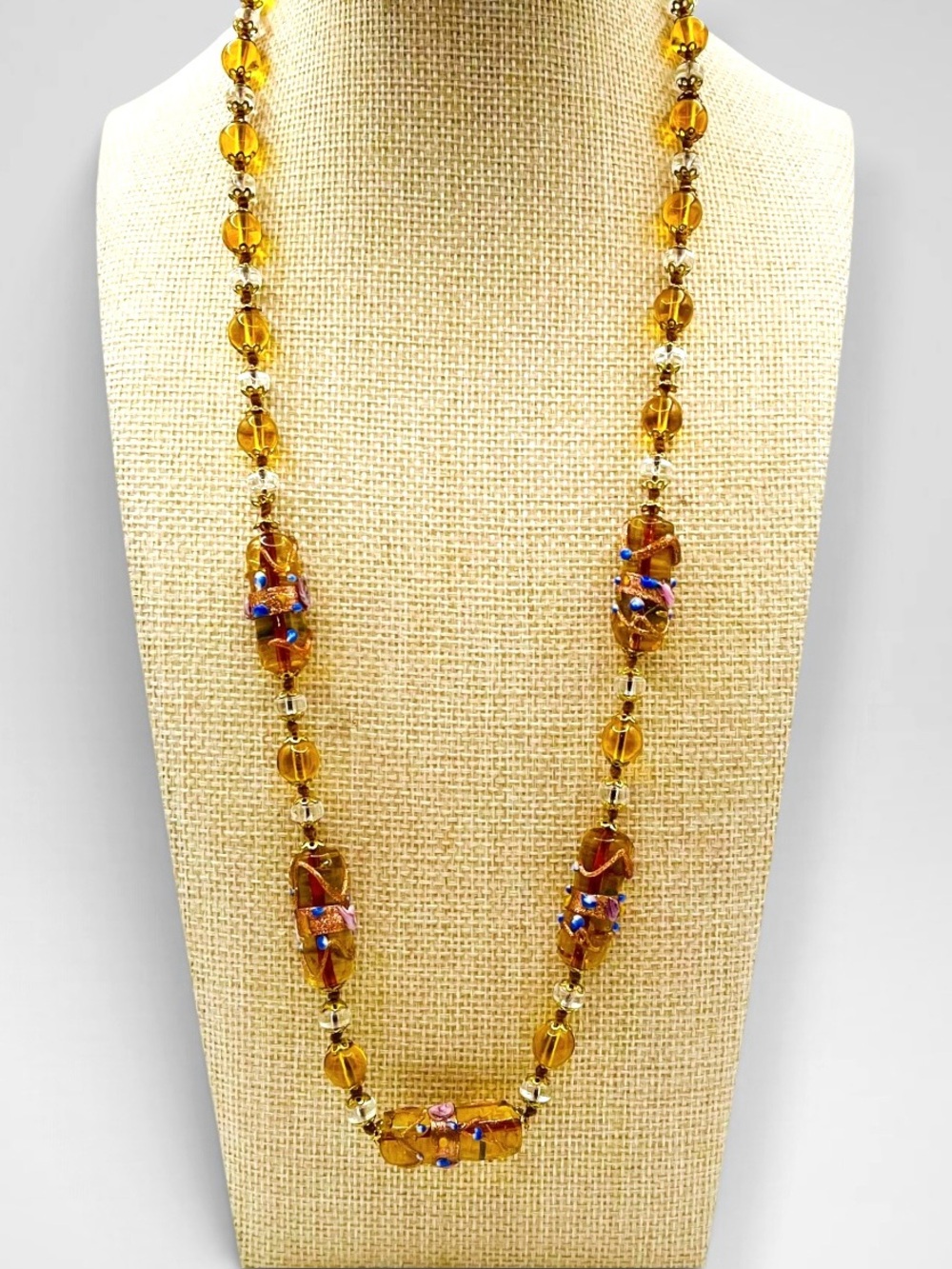 Estate Vintage Amber and Clear Crystal Beaded Statement Necklace